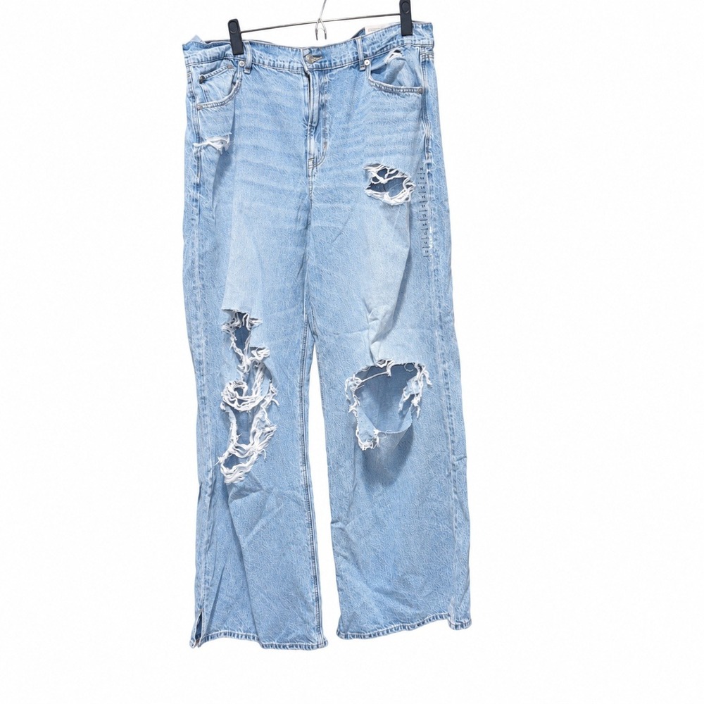 American Eagle Baggy Wide Leg Jeans 14 Light Blue Distressed Super High Rise
